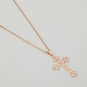 Gargantilha Em Aço Cirúrgico 316l Com Banho Rose Pingente Cruz