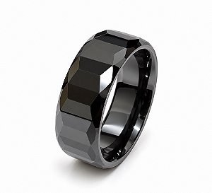 Anel Tungstênio 8mm Preto Facetado 3D