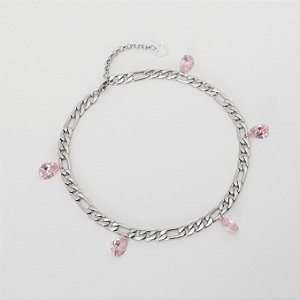 Choker Em Aço 316l Elo Fígaro Com Zircônias 7mmx35cm Extensor 5cm
