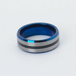 Anel em Tungstênio Azul com Centro em Aço e Listra Preta 8mm/ 2mm