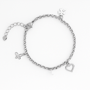 Pulseira Em Aço 316l Coração, Trevo E Borboleta 18cm Extensor 3cm