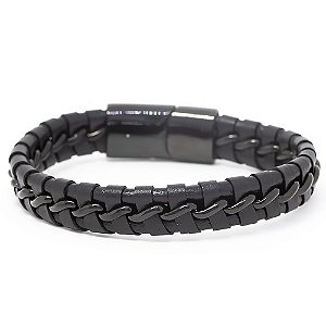 Pulseira Couro Preto Com Tira Trançada  21cm Fecho Ima 2cm