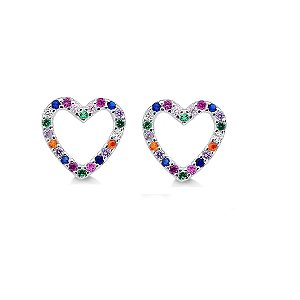 Conjunto Brinco e Pingente  em Prata 925 Coração Cravejado de Zircônias Colors 11x11 mm
