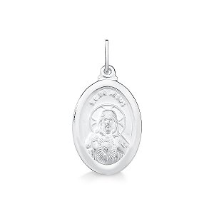 Pingente em Prata 925 Pingente Sagrado Coração de Jesus  Oval 25 x 16mm Dupla face