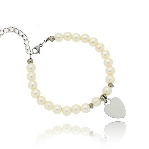Pulseira Pérola com Pingente Coração em Aço inoxidável