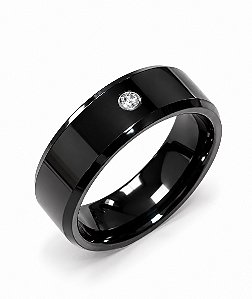 Anel em Tungstênio 8mm Preto com Laterais Chanfradas e Zircônia
