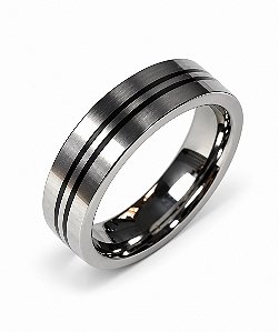 Anel em Tungstênio 6mm Grafite com 2 Frisos Centrais Preto