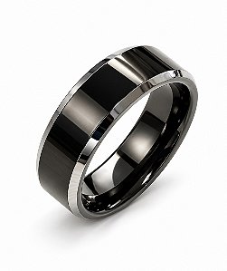 Anel Em Tungstênio 8mm Preto Com Laterais Chanfradas Grafite
