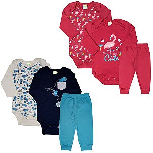 Kit 3 peças Roupa Bebê Body e Mijão, menino e menina, Tamanho P ao GG