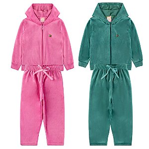 Kit 2 Conjuntos Infantil Feminino Blusa e Calça Plush capuz ziper aplique coração - Tamanhos 01 ao 12
