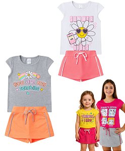 Kit 2 Conjuntos Verão Blusa Shorts Saia Juvenil Menina Tamanho 04 ao 16