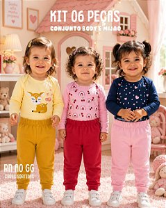 kit 6 peças Roupa Bebê Body e Mijão com Punhos, Menino e Menina em Suedine 100% Algodão