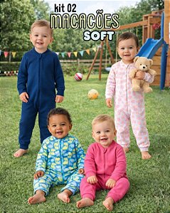 KIt 2 Macacão Bebê Longo em Soft com Protetor de Ziper Punhos para Menino ou Menina Tamanho 01 ao 03