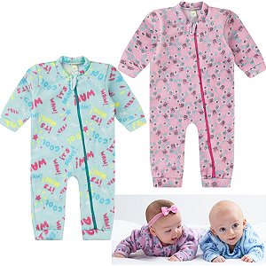 KIt 2 Macacão Bebê Longo em Soft com Protetor de Ziper Punhos para Menino ou  Menina Tamanho 01 ao 03