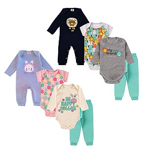 Kit 4 peças, Body  bebê Longo e Curto Macacão , Menino e Menina, Suedine algodão P-GG