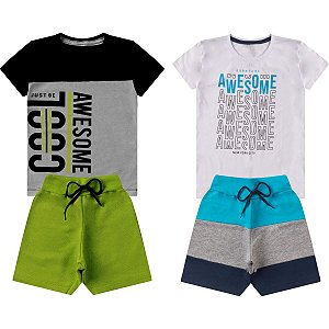 Kit 2 Conjuntos Verão Infantil Juvenil Masculino Camiseta reforço na gola Bermuda Moletinho cadarço Roupa Menino 04 - 16