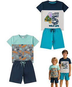 Kit 2 Conjuntos Verão Infantil Juvenil Masculino Camiseta reforço na gola Bermuda Moletinho cadarço Roupa Menino 04 - 16