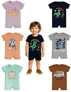 Kit3 Romper Bebê Algodão Macaquinho Verão Menino Menina manga curta gola envelope botão pressão P-GG