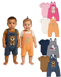 Kit 2 Jardineira Bebê Curta Algodão Menino Menina body gola envelope botão pressão ajuste altura P-GG