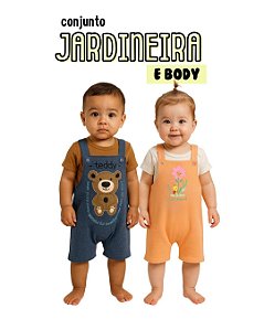 Jardineira Bebê Curta Algodão Menino Menina body gola envelope botão pressão ajuste altura P-GG