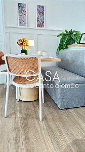 Conjunto Banco New Slim baú 110cm linho cinza, mesa folha 80cm X 100cm carvalho base cônica e duas cadeiras Tesla polipropileno branca