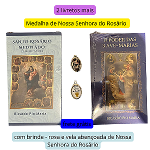 KIT ROSÁRIO - 2 LIVRETOS + MEDALHA DO ROSÁRIO com brinde rosa e vela abençoadas de Nossa Senhora do Rosário