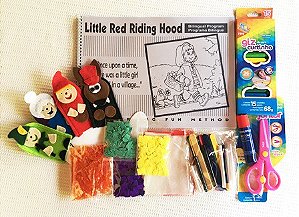Kit especial - Livro de história e atividade Little Red Riding Hood com kit colagem, com dedoches