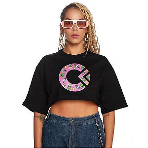 T-Shirt Oversized Cropped Feminino -Preto