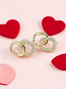 Brinco Dois Elos Cravejado Banhado A Ouro 18k Kit para presentear