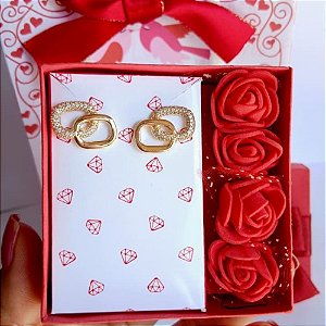 Brinco Dois Elos Cravejado Banhado A Ouro 18k Presente dia dos Namorados