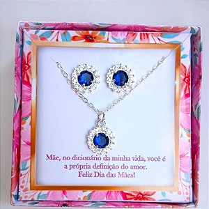 Conjunto Colar E Brinco Azul Escuro Zircônias Cravejadas