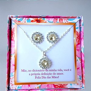 Conjunto Colar E Brinco Amarelo Zircônias Cravejadas