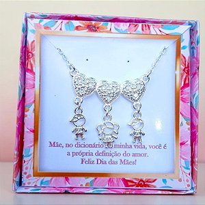 Colar 3 Filhos 2 Meninos E 1 Menina Pingente Com Corações