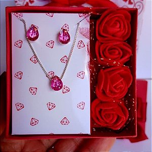 Conjunto Gota Rosa – Colar e Brincos/Presente dia dos Namorados