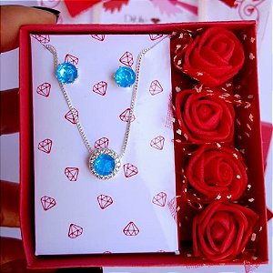 Kit Presente Dia dos Namorados Conjunto Bolinha Cravejado Azul Claro