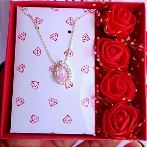 Kit Presente Dia dos Namorados Colar Gota Rosa Cravejada