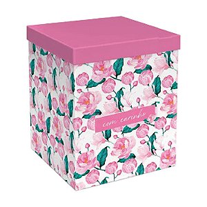 Caixa Cubo Grande Rosa Floral "Com Carinho" Ref AN4 - JR