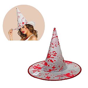 Chapéu de Bruxa Sangrento - Branco com Vermelho p/ Halloween