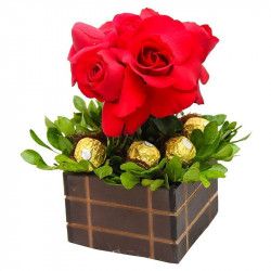 Topiária com 5 rosas e 4 Ferreros Rocher