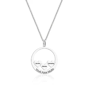 Colar Feminino Disco com 3 Corações com Nomes Personalizado - PRATA 925