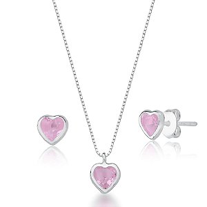 Conjunto Colar e brinco Ponto de Luz Coração Rosa Claro  - PRATA 925