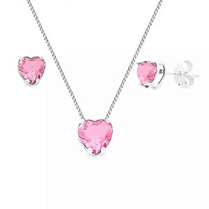 Conjunto Colar e Brinco Ponto de Luz Coração Rosa Claro - PRATA 925