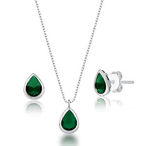 Conjunto Colar e Brinco  Ponto de Luz Gota Verde - PRATA 925