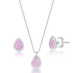 Conjunto Colar e Brinco Ponto de Luz Gota Rosa Claro - PRATA 925