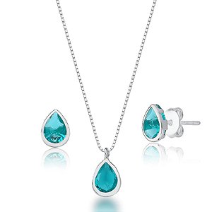 Conjunto Colar e Brinco Ponto de Luz Gota Verde Agua - PRATA 925