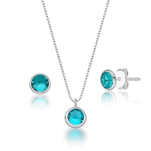 Conjunto Colar e Brinco Ponto de Luz Verde Agua - PRATA 925
