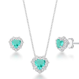 Conjunto feminino colar com Coração e brincos Cravejado Turmalina - PRATA 925
