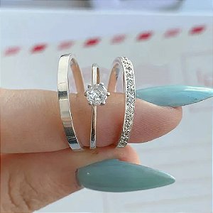 Par de alianças Ully 2mm de namoro + anel solitário prata 950