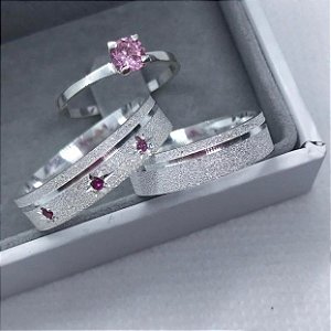 Par de alianças Estelar 4mm de namoro + anel solitário prata 950