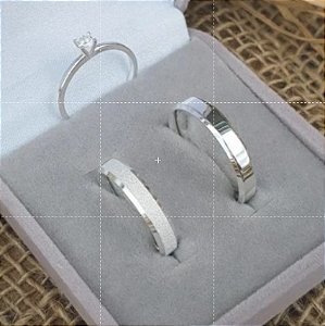 Par de alianças Akira 4mm de namoro + anel solitário prata 950
